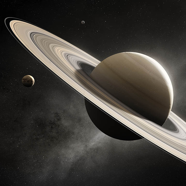 Titan orbiting Saturn Artist Rendering